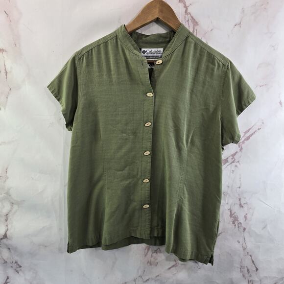 Columbia Shirt Womens XL Green Linen Button Vintage Camp Short Sleeve Mandarin - Picture 1 of 13